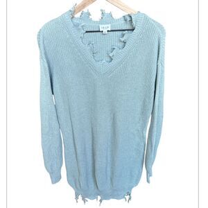 Le Lis Blue Frayed Raw Hem Distressed Knit‎ Sweater Mini Dress Size Small Womens